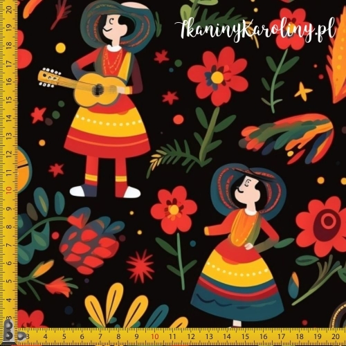 WELUR TAPICERSKI Halloween, Día de los Muertos - Mariachi na czarnym tle w kwiatach [6-8]