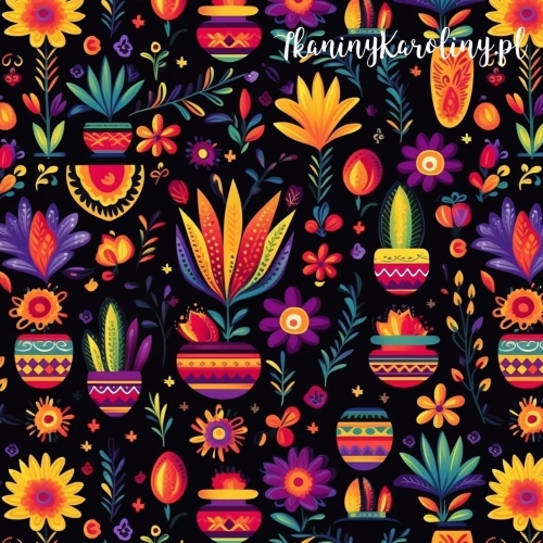 SOFTSHELL WODOODPORNY Halloween, Día de los Muertos - kolorowe doniczki na czarnym tle w kwiatach