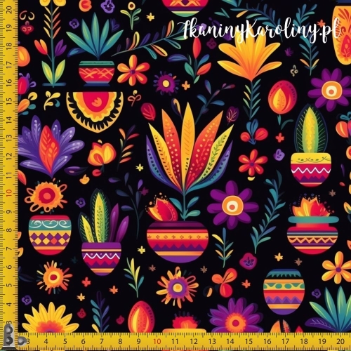 SOFTSHELL WODOODPORNY Halloween, Día de los Muertos - kolorowe doniczki na czarnym tle w kwiatach
