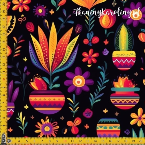 WELUR TAPICERSKI Halloween, Día de los Muertos - kolorowe doniczki na czarnym tle w kwiatach [6-8]