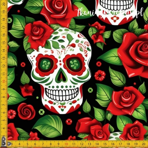 WELUR TAPICERSKI Halloween, Día de los Muertos - białe czaszki w czerwonych różach na czarnym tle [6-8]