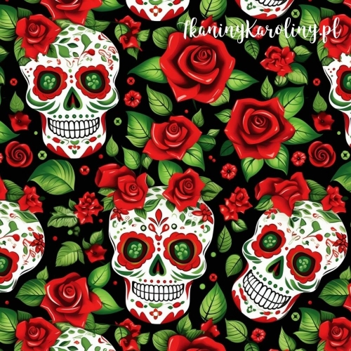 SOFTSHELL WODOODPORNY Halloween, Día de los Muertos - białe czaszki w czerwonych różach na czarnym tle