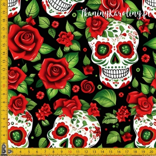 SOFTSHELL WODOODPORNY Halloween, Día de los Muertos - białe czaszki w czerwonych różach na czarnym tle