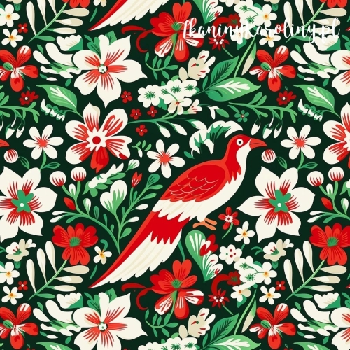 WELUR TAPICERSKI Halloween, Día de los Muertos - czerwony egzotyczny ptak w kwiatach na czarnym tle [6-8]