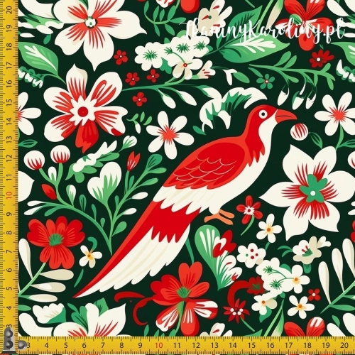 WELUR TAPICERSKI Halloween, Día de los Muertos - czerwony egzotyczny ptak w kwiatach na czarnym tle [6-8]