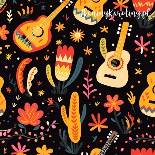 WELUR TAPICERSKI Halloween, Día de los Muertos - gitary, kwiaty i kaktusy na czarnym tle [6-8]