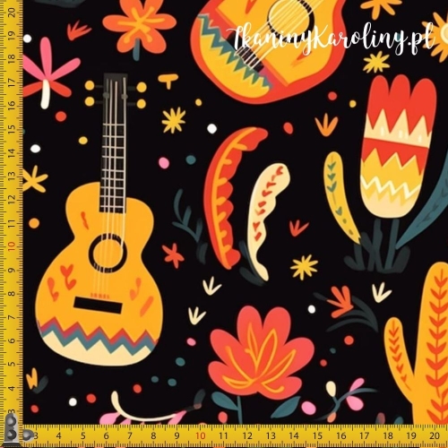 WELUR TAPICERSKI Halloween, Día de los Muertos - gitary, kwiaty i kaktusy na czarnym tle [6-8]