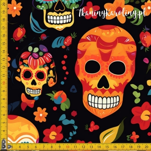 WELUR TAPICERSKI Halloween, Día de los Muertos - czarne, pomarańczowe i białe czaszki w kwiatach na czarnym tle [6-8]