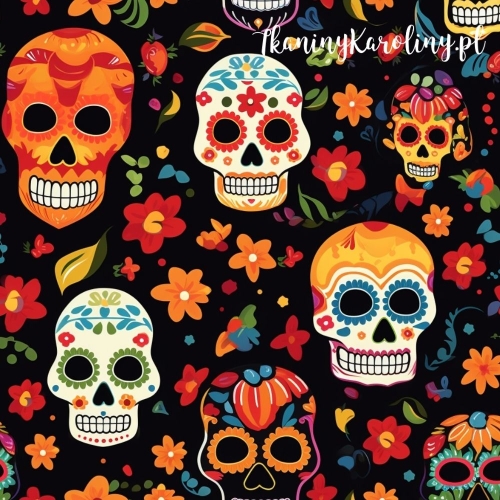 SOFTSHELL WODOODPORNY Halloween, Día de los Muertos - czarne, pomarańczowe i białe czaszki w kwiatach na czarnym tle