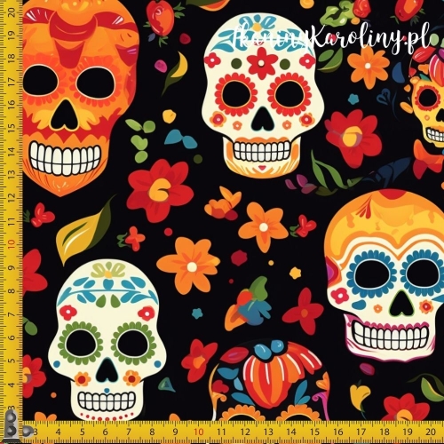 SOFTSHELL WODOODPORNY Halloween, Día de los Muertos - czarne, pomarańczowe i białe czaszki w kwiatach na czarnym tle