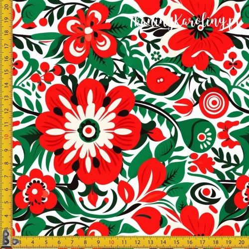 WELUR TAPICERSKI Halloween, Día de los Muertos - czerwone kwiaty, gęste zielone liście na jasnym tle