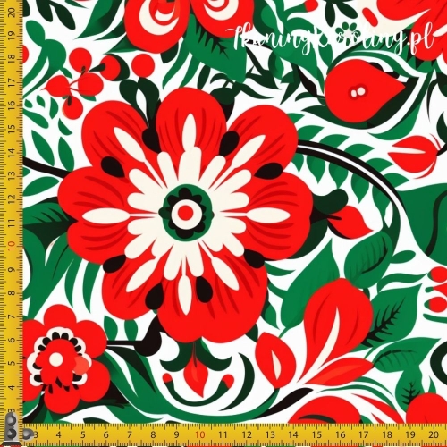 SOFTSHELL WODOODPORNY Halloween, Día de los Muertos - czerwone kwiaty, gęste zielone liście na jasnym tle