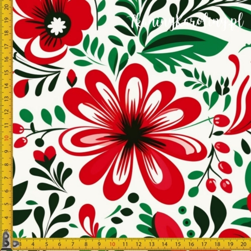 WELUR TAPICERSKI Halloween, Día de los Muertos - czerwone kwiaty, zielone liście na białym tle