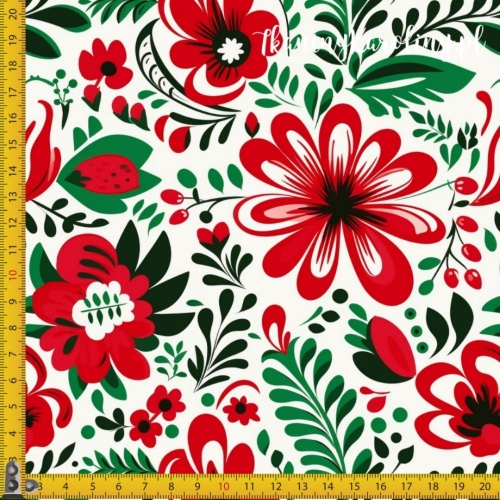 SOFTSHELL WODOODPORNY Halloween, Día de los Muertos - czerwone kwiaty, zielone liście na białym tle