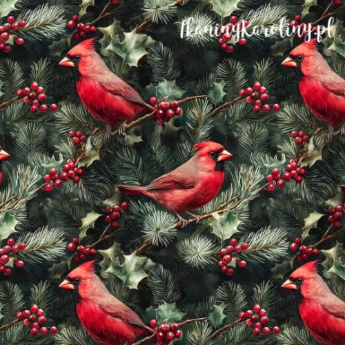 WELUR TAPICERSKI Wzory świąteczne - Kardynał Szkarłatny - ptak w gałązkach i ostrokrzew