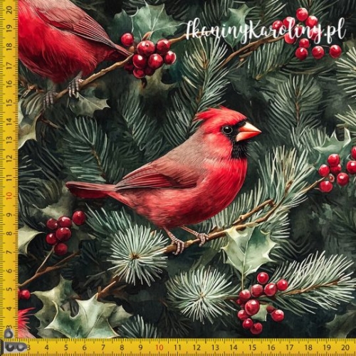 WELUR TAPICERSKI Wzory świąteczne - Kardynał Szkarłatny - ptak w gałązkach i ostrokrzew