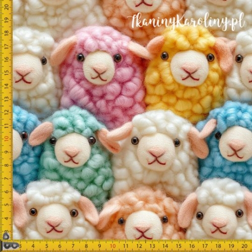 TKANINA WODOODPORNA OXFORD Włóczkowe owieczki - wielokolorowe z brązowymi oczami. Wariant mniejszy.