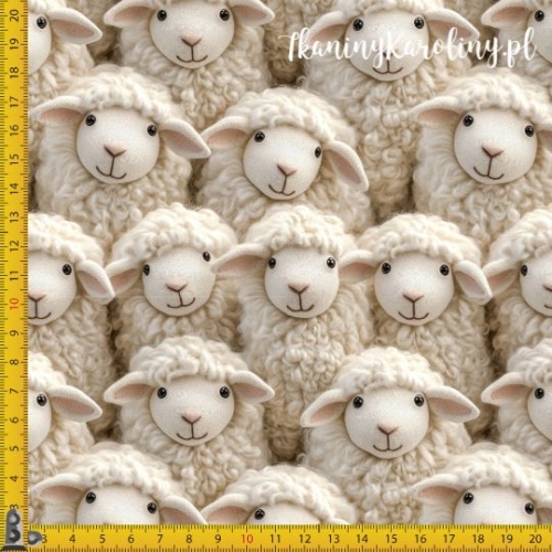 TKANINA WODOODPORNA OXFORD Włóczkowe owieczki - uśmiechnięte i beżowe - oczy otwarte, różowy nos. Mniejszy wzór.