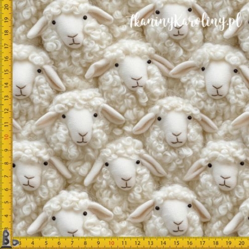 TKANINA WODOODPORNA OXFORD Włóczkowe owieczki - oczy otwarte, blady nos na beżu. Mniejszy wzór.