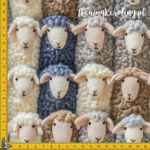 TKANINA WODOODPORNA OXFORD Włóczkowe owieczki (smuklejsze) - szare, kremowe i jasnobrązowe. Mniejszy wzór.