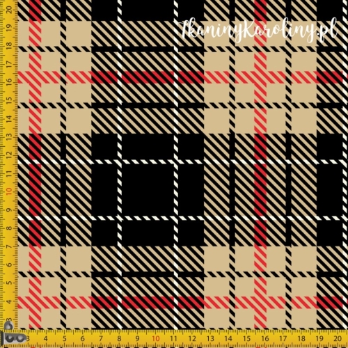 TKANINA WODOODPORNA OXFORD Krata szkocka - beż, czerń, czerwień, biel (większy wzór)