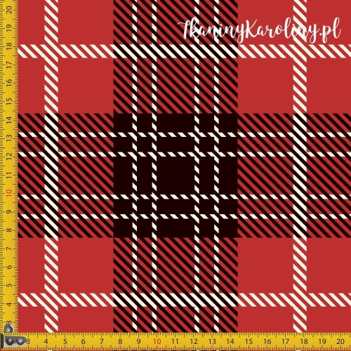 TKANINA WODOODPORNA OXFORD Krata szkocka, tartan - czerwień, czerń i biel - kwadraty [6-8]