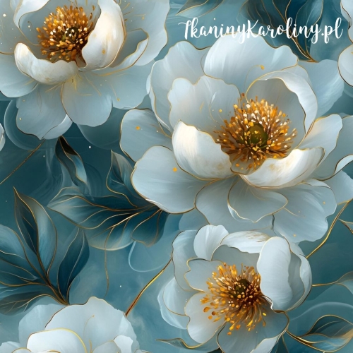 TKANINA WODOODPORNA OXFORD Piwonie perłowe 7 - na morskiej zieleni