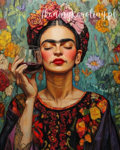 Panel wodoodporny 40x50cm - Frida Kahlo - kieliszek wina, kwiecista tapeta w tle [6-8]