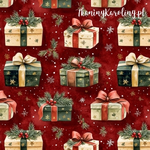 OD RĘKI - TKANINA WODOODPORNA OXFORD Wzory świąteczne - prezenty na czerwonym tle z gałązkami, padający śnieg 