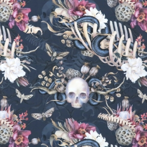OD RĘKI - WELUR TAPICERSKI Czaszki i węże z kwiatami na grafitowym 