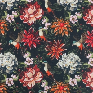 OD RĘKI - TKANINA WODOODPORNA OXFORD Ptaki i piwonie na czarnym (mały wzór)