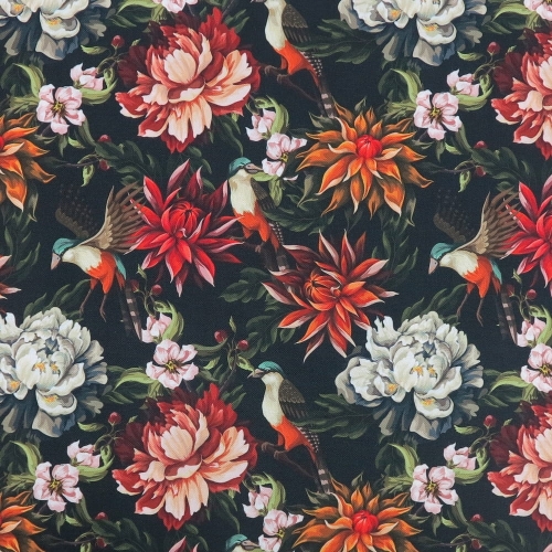 TKANINA WODOODPORNA Ptaki i piwonie na czarnym (mały wzór