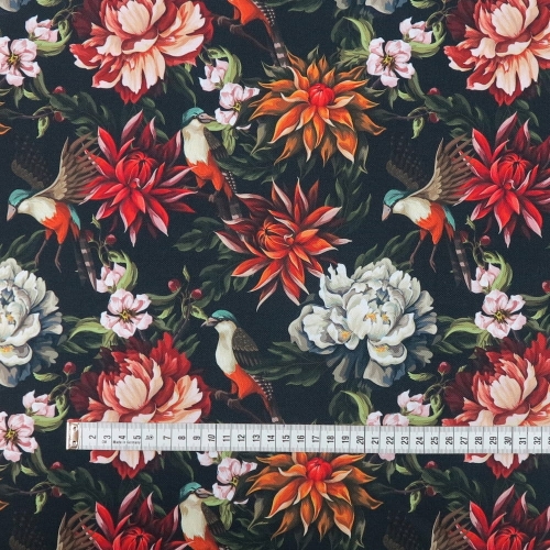 TKANINA WODOODPORNA Ptaki i piwonie na czarnym (mały wzór