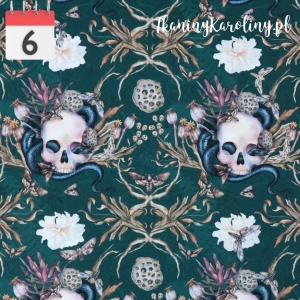 OD RĘKI - TKANINA WODOODPORNA Czaszki i węże na zielonym butelkowym 