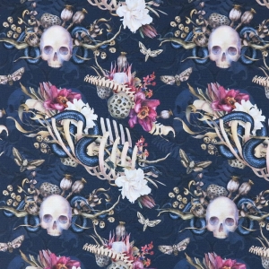 OD RĘKI - TKANINA WODOODPORNA Czaszki i węże z kwiatami na granatowym
