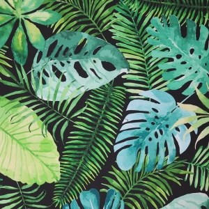 Tkanina wodoodporna oxford - Liście tropikalne (monstera) na czarnym