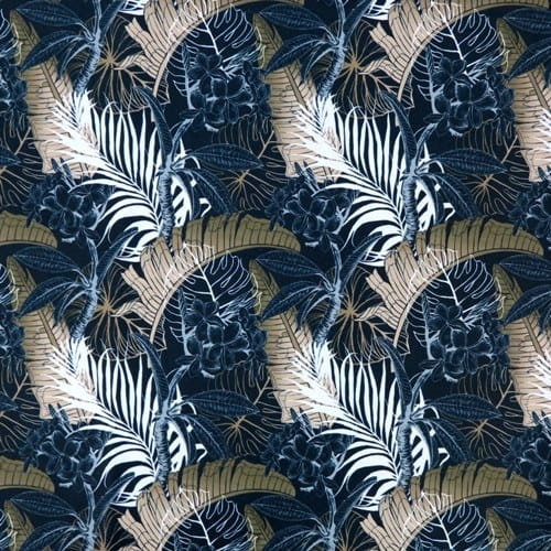 TKANINA WODOODPORNA Liście bananowca khaki na czarnym.JPG