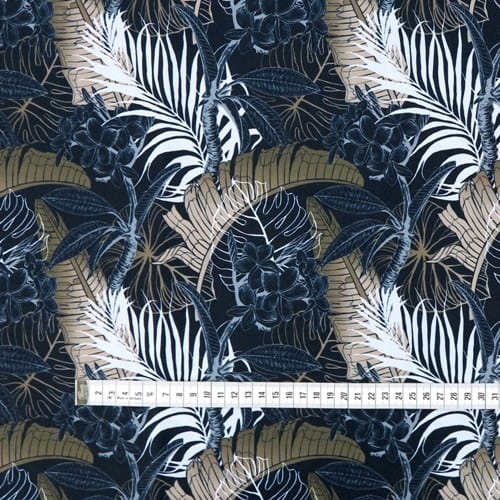 TKANINA WODOODPORNA Liście bananowca khaki na czarnym 2.JPG