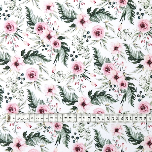 TKANINA WODOODPORNA Polne kwiaty i róże na białym