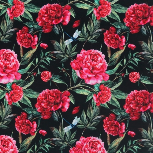 WELUR TAPICERSKI Czerwone piwonie na czarnym