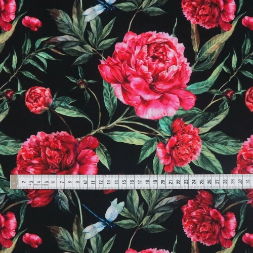 WELUR TAPICERSKI Czerwone piwonie na czarnym