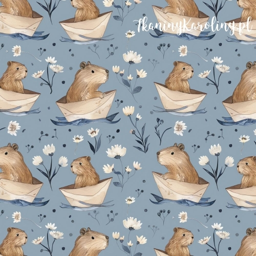 TKANINA WODOODPORNA OXFORD - Kapibary w łódkach i kwiaty