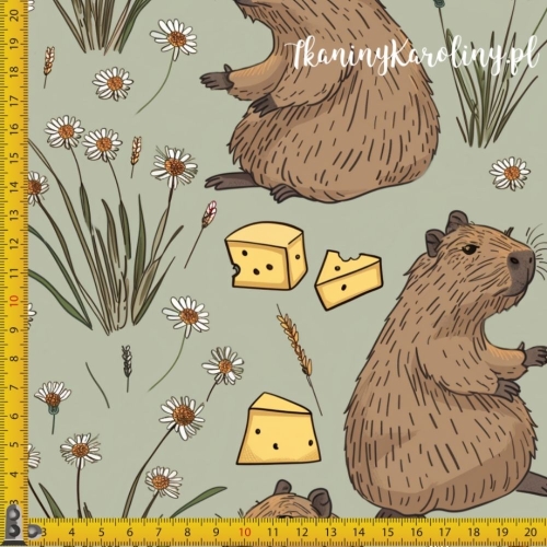 WELUR TAPICERSKI - Kapibary na kwietnej łące, ser żółty [6-8]