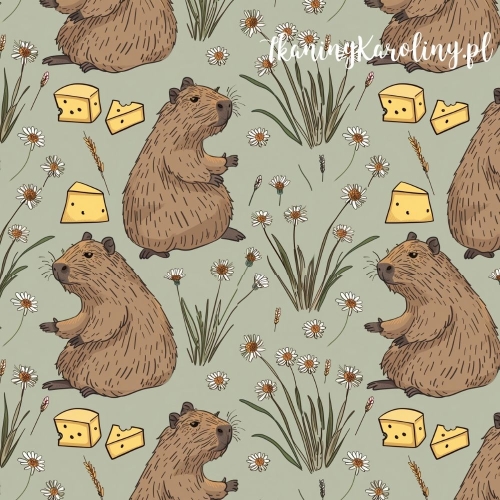 TKANINA WODOODPORNA OXFORD - Kapibary na kwietnej łące, ser żółty [6-8]