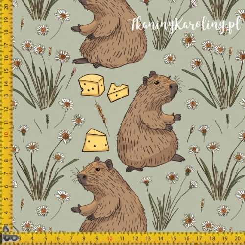 TKANINA WODOODPORNA OXFORD - Kapibary na kwietnej łące, ser żółty [6-8]