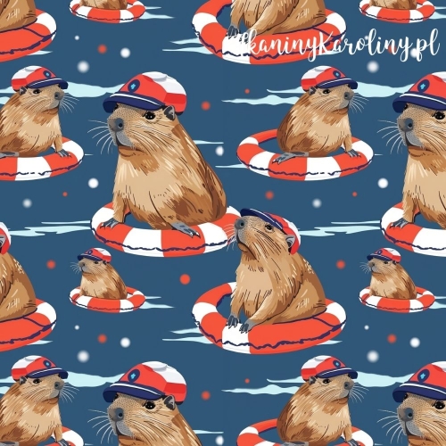 WELUR TAPICERSKI - Kapibary na wodzie w kołach ratunkowych i czapkach [6-8]