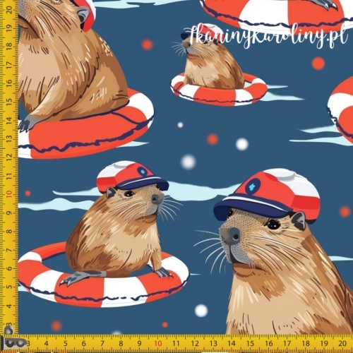 WELUR TAPICERSKI - Kapibary na wodzie w kołach ratunkowych i czapkach [6-8]