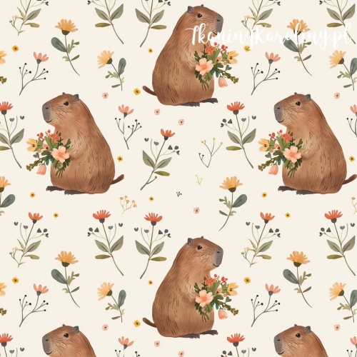 WELUR TAPICERSKI - Kapibary z bukietami kwiatów na jasnym tle [6-8]