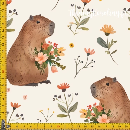 WELUR TAPICERSKI - Kapibary z bukietami kwiatów na jasnym tle [6-8]