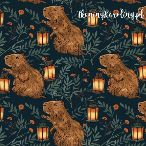 TKANINA WODOODPORNA OXFORD - Kapibary, latarenki na ciemnym tle [6-8]